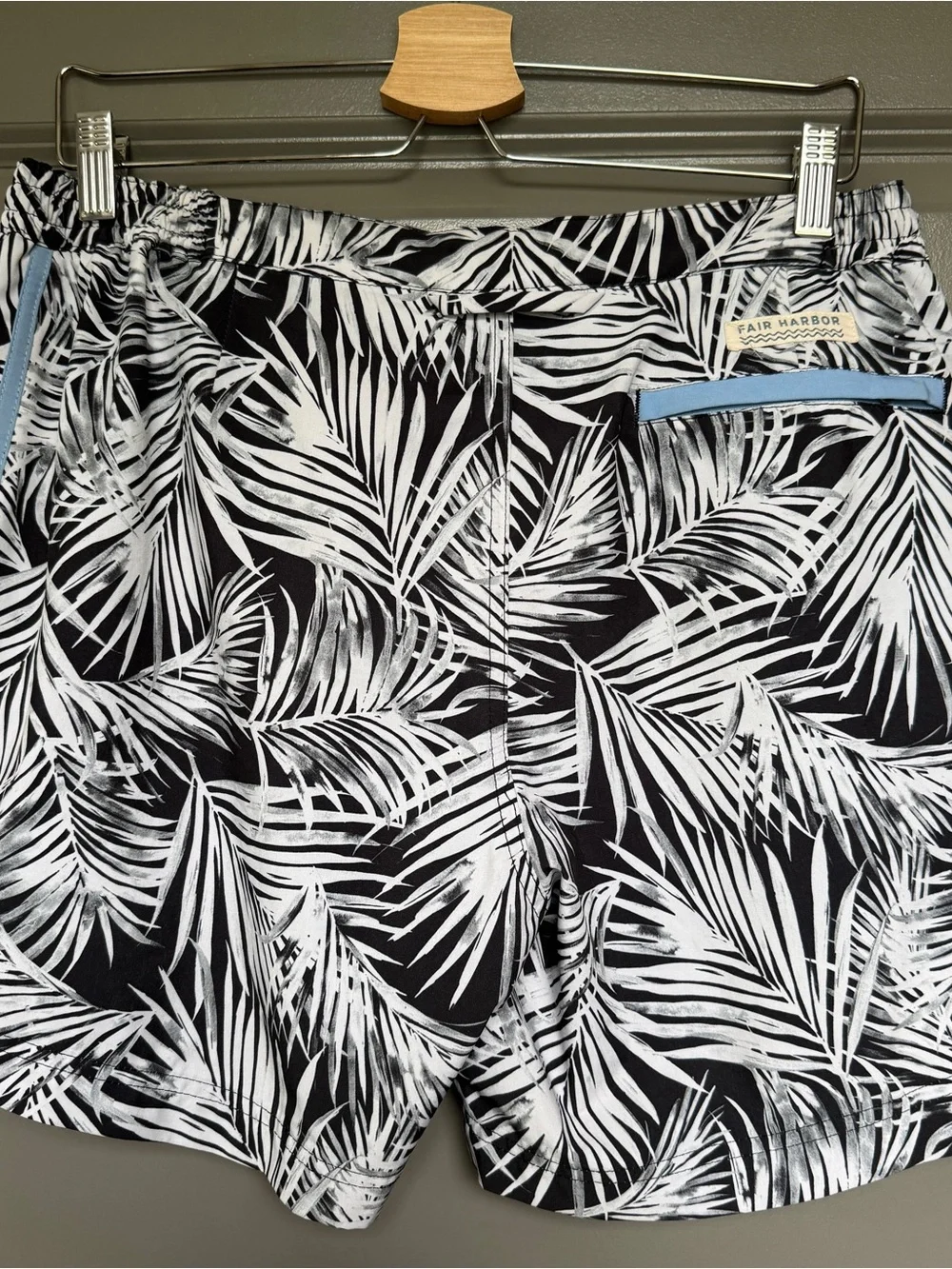Fair Harbor Black & White Palm Print Swim Trunks